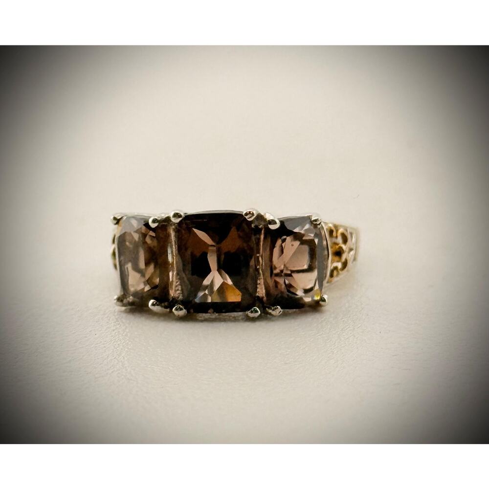 Sterling Silver Smoky Topaz Ring – 14K Gold Accents, Three Stone Design, Size 6